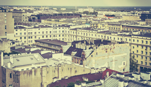 Old film retro stylized picture of Warsaw downtown.