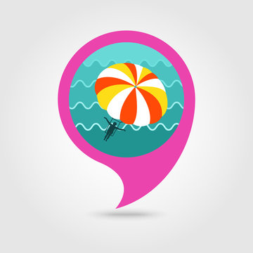 Parasailing. Summer kiting activity pin map icon