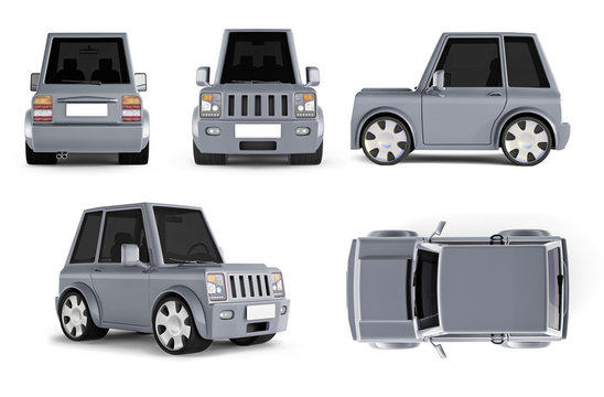 3d illustrations of gray cartoon car - side, top, rear, perspective views, 