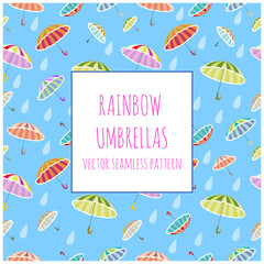 Rainbow umbrellas on blue background. Seamless vector pattern. Creative textures. For anniversary, birthday, party invitations.