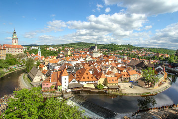 Naklejka na ściany i meble Aerial view over the old Town of Cesky Krumlov, Czech Republic
