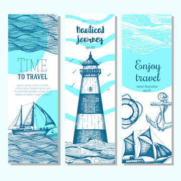 Sea set. Nautical elements vertical banner collection. Vector illustration drawn in ink.