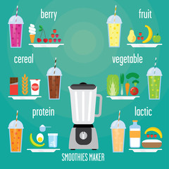 Modern blender with a smoothie of different kinds