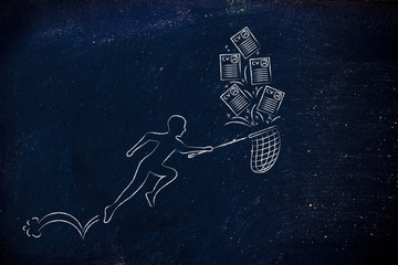 man with net handling a group of falling resumes