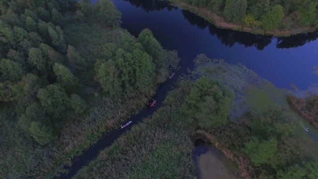 People swim in a kayak on the river in the forest