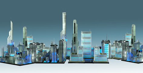 3D Illustration of glass model of the future layout of the city with houses skyscrapers