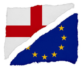 English and EU Flag Torn Paper Scraps Isolated on White Background