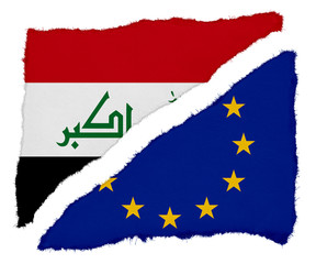 Iraqi and EU Flag Torn Paper Scraps Isolated on White Background