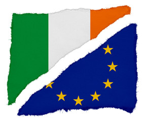 Irish and EU Flag Torn Paper Scraps Isolated on White Background