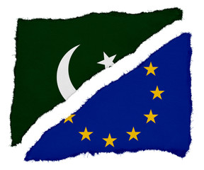 Pakistani and EU Flag Torn Paper Scraps Isolated on White Background