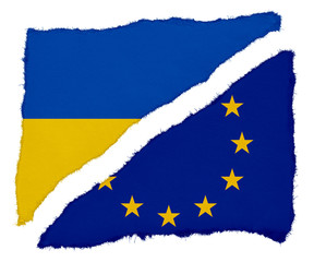 Ukrainian and EU Flag Torn Paper Scraps Isolated on White Background