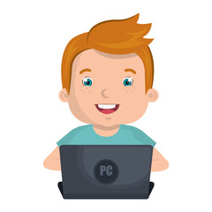 Kid using a laptop computer colorful cartoon design, vector illustration.