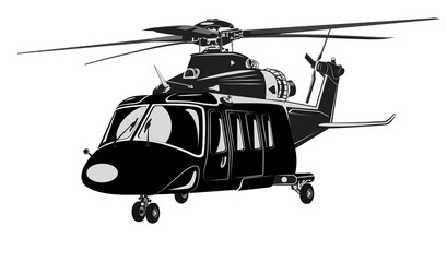 Simplified black and white image of a helicopter on a white background.