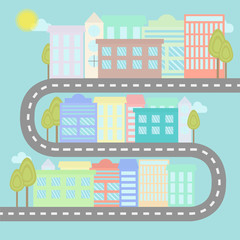 Road with houses and trees in flat style