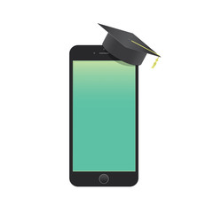blank mobile phone with graduation hat mean learning through an