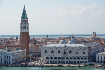Fototapeta na wymiar Typical skyline of Venice at St Marks Place with Campanile and Doge Palace