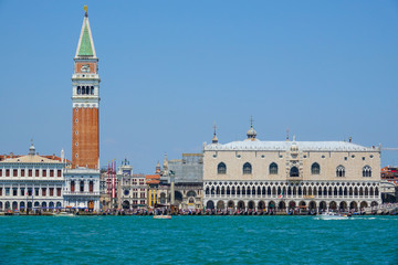 Fototapeta na wymiar Typical skyline of Venice at St Marks Place with Campanile and Doge Palace