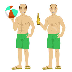 fat and slim version of the same man holding bottle of beer and inflatable striped ball