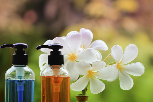 Body care product,shower,shampoo,lotion and Frangipani or plumer