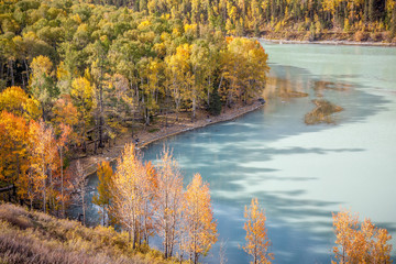 kanas lake in autumn with crystal blue water. Green trees. The natural beauty of the paradise. Kanas Nature Reserve. Xinjiang Province, China.