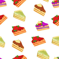 Piece of cake. Sweet dessert. Seamless pattern. Vector illustration.