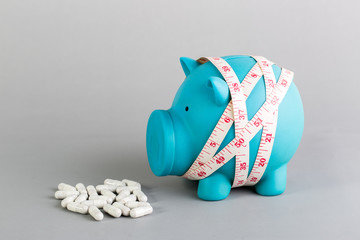 blue piggy bank with diet supplement for diet concept