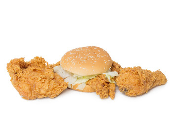 Calf, chest fried chicken and Crisp chicken burger isolated on w