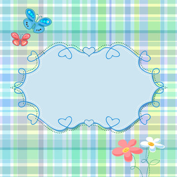 Baby shower for boy with scrapbook elements. Decorative template frame design for baby photo, vector illustration
