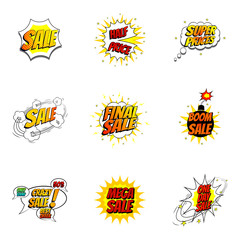 Set of sale symbols in pop art style. Vector illustration. Decorative collection of discount labels with bomb explosive isolated on white background. - obrazy, fototapety, plakaty