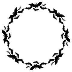 Round frame with silhouettes of flying bats. Original background for greeting cards, invitations, prints.Vector clip art.