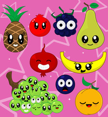 Vector illustration sticker set of cute cartoon fruit characters.