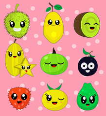Vector illustration sticker set of cute cartoon fruit characters.