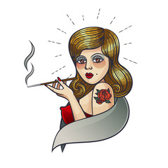 Vector illustration, sticker. Portrait of a girl who smokes,. Tattoo the girl's face in a retro  style.