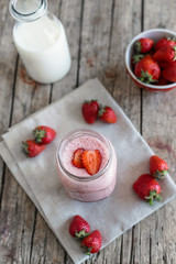 Strawberry milkshake in the glass jar