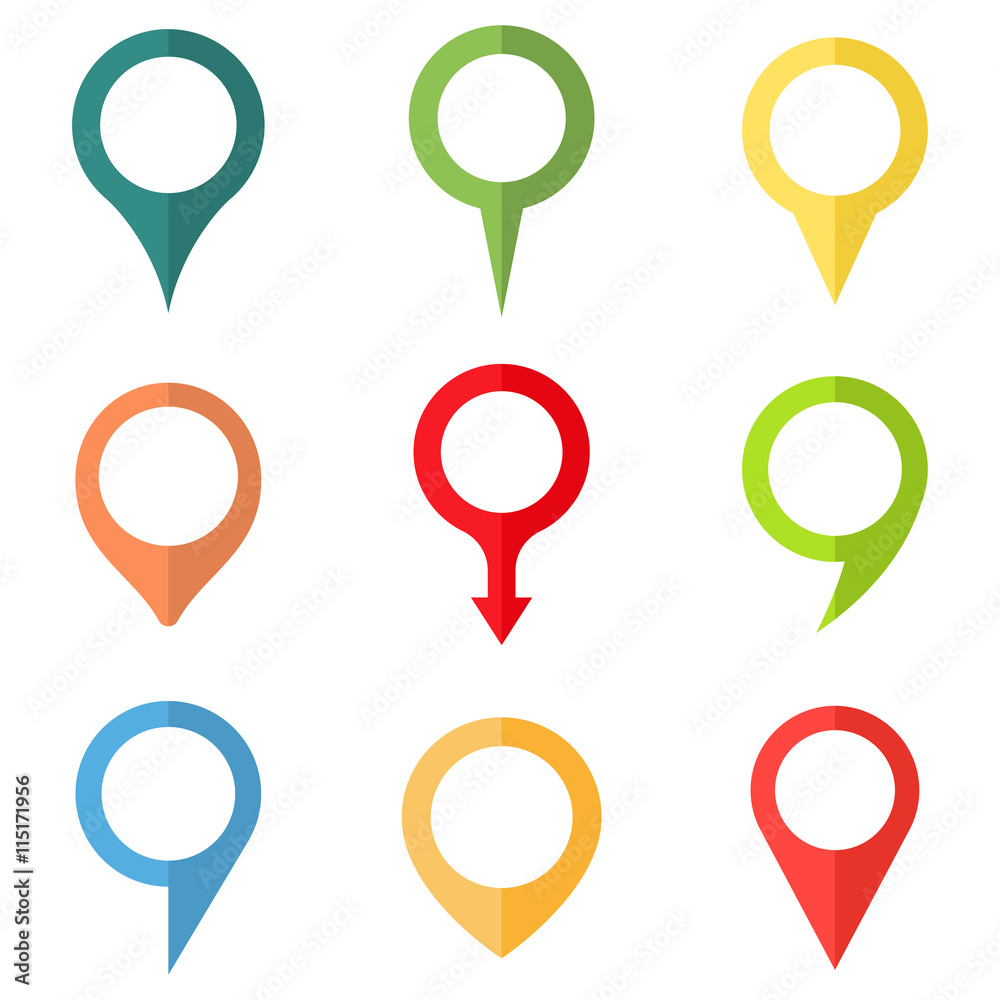 Poster Set of multicolor map pointers. Vector illustration