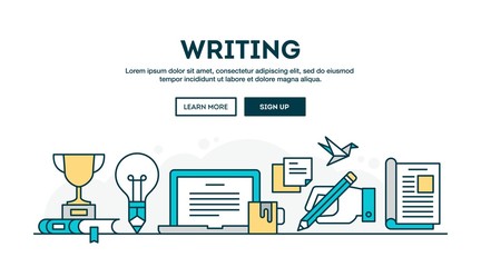 Writing, colorful concept header, flat design thin line style