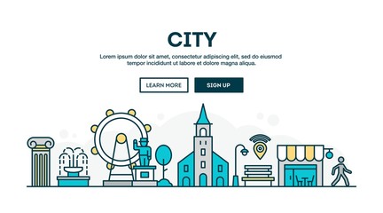 City, colorful concept header, flat design thin line style - obrazy, fototapety, plakaty