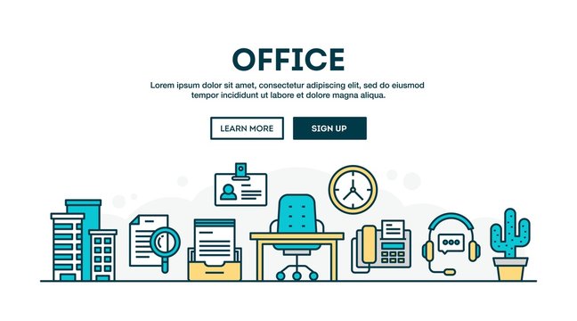 Office, colorful concept header, flat design thin line style