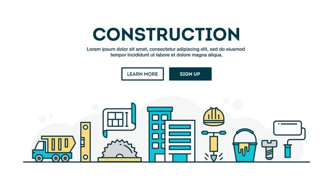 Construction, colorful concept header, flat design thin line style