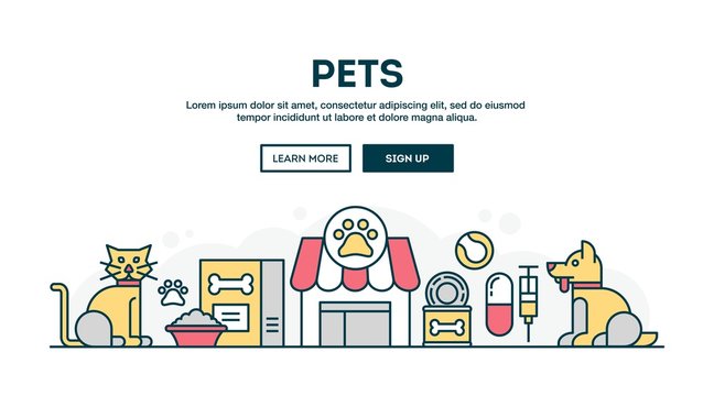 Pets, colorful concept header, flat design thin line style