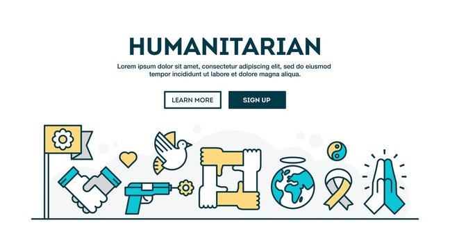 Humanitarian, colorful concept header, flat design thin line style