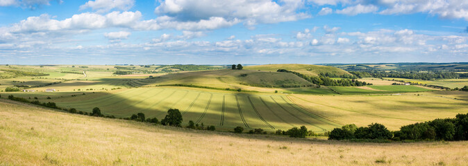 Middle Hill and Scratchbury Hill panorama. View from Battlesbury Hill, with medieval strip lynchets on the edge of Salisbury Plain, in Wiltshire, UK