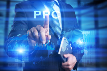 Businessman is pressing on virtual screen and slelecting PPC.