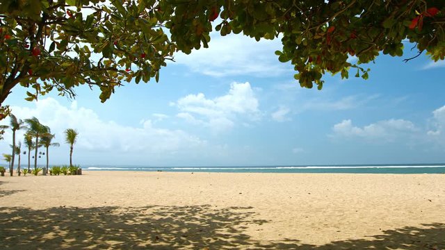 Shady patch of sand under a tree on an expansive, sandy, tropical beach in Bali, Indonesia, on a clear, sunny day. Video UltraHD