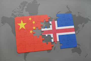 puzzle with the national flag of china and iceland on a world map background.