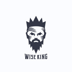 Wise King Abstract Vector Logo Template. Bearded Face Silhouette in a Crown. Retro typography.