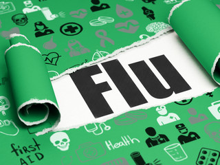 Medicine concept: black text Flu under the piece of  torn paper