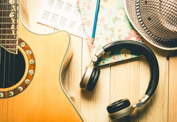 Obraz na płótnie Canvas Headphone with Guitar instrument for Music Appreciation.