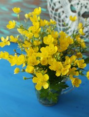 Marsh Marigolds in Springtime, bouquet, rustic style.