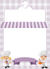 Purple restaurant menu with cartoon chefs cooking.
